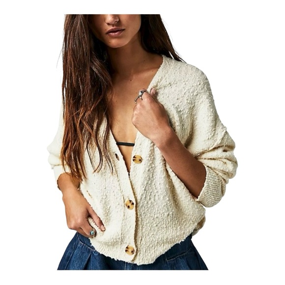Free People Found My Friend Knit Sweater Cardigan Cream Boxy Size Large - Picture 14 of 14
